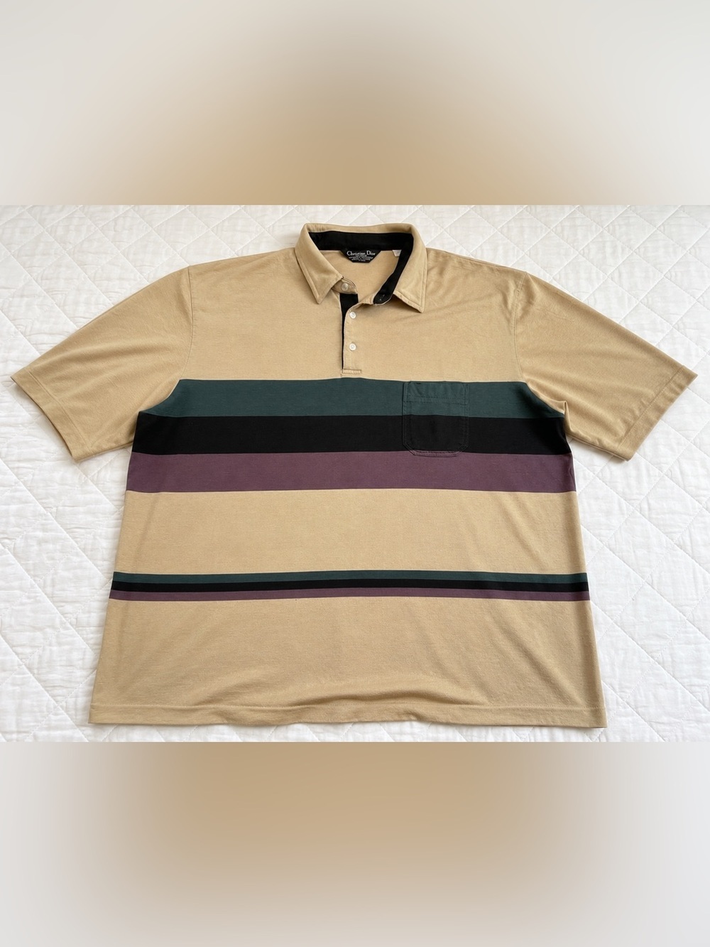 Vintage Christian Dior Monsieur Striped Polo Shirt 2XLT Tall Beige